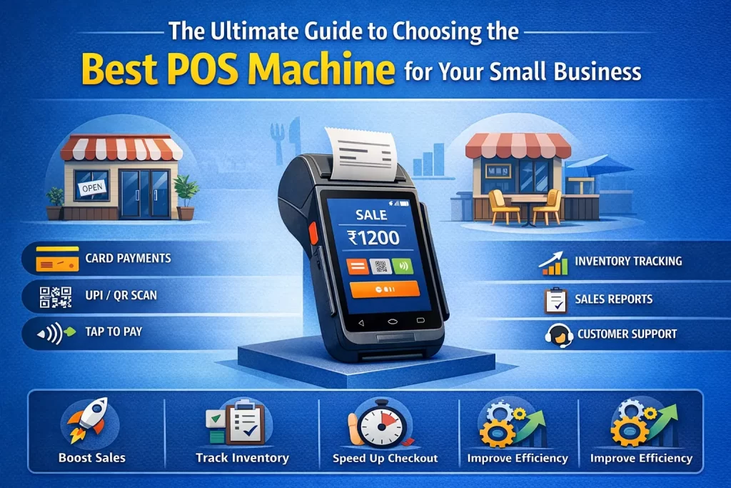 Landscape infographic titled “The Ultimate Guide to Choosing the Best POS Machine for Your Small Business” featuring a smart POS terminal in the center with payment options like card, UPI, and tap-to-pay, along with icons highlighting inventory tracking, sales reports, customer support, and benefits such as boosting sales and improving efficiency.